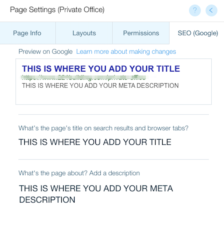 Dove aggiungere il tuo title tag e la meta description con WIX